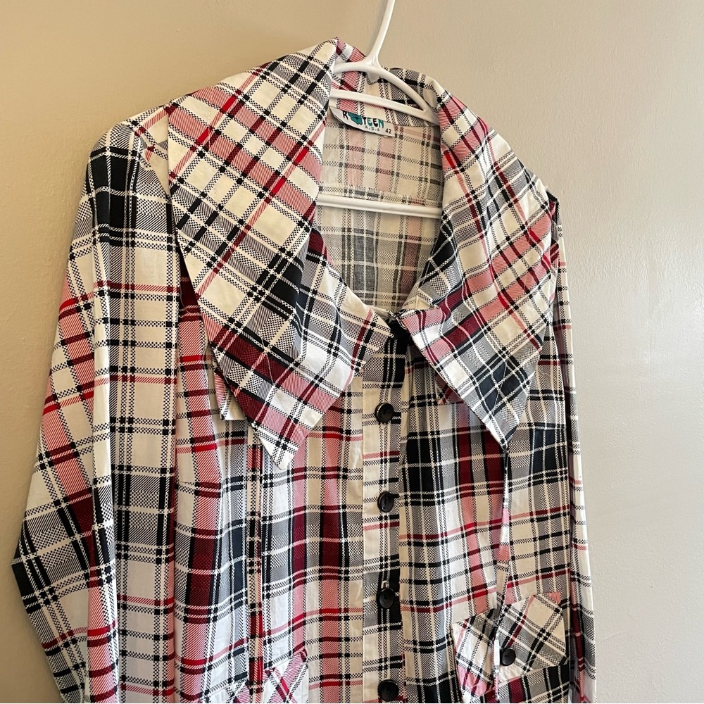 Vintage “K TEEN” White & Red Plaid Drawstring Collar Blouse –Size Large Like New - Picture 5 of 16